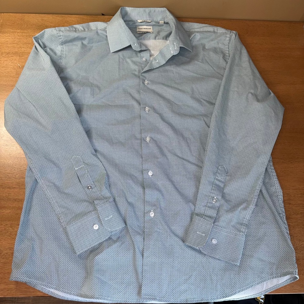 Lucky Brand Mens Slim Fit Stretch Button Down Shirt XL Teal Geometric Diamond